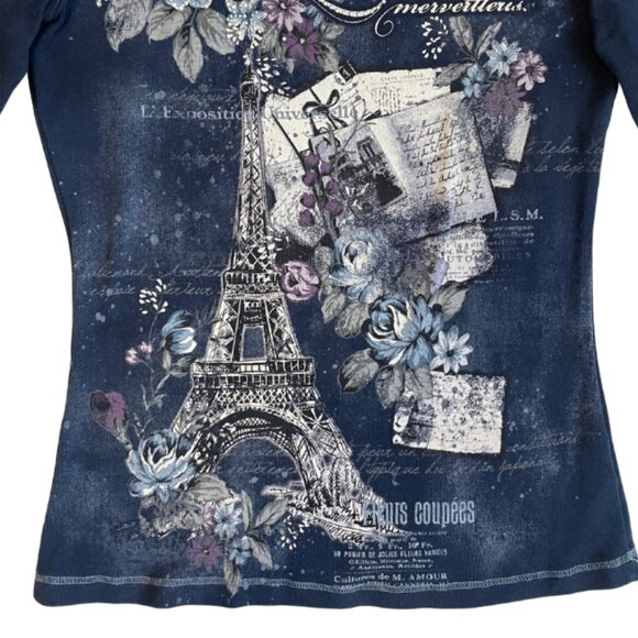 blue canyon y2k paris theme graphic 3/4 sleeve top size small - Picture 3 of 8